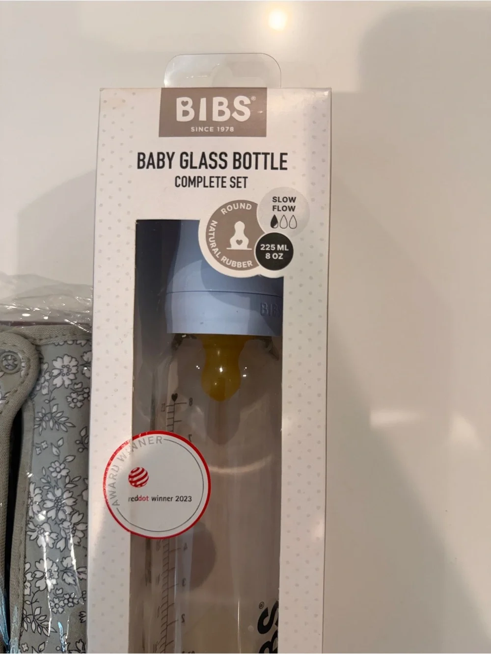 Bibs Baby Glass Bottle Complete Set – Light Blue, flower cover